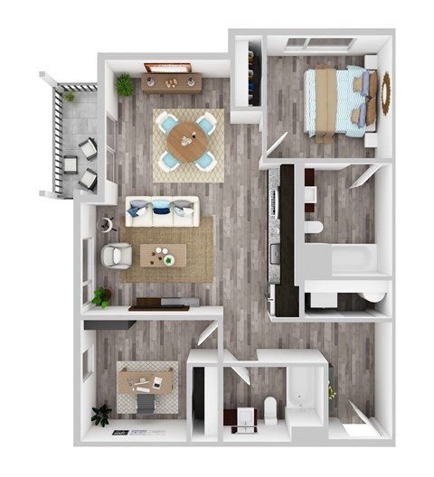 Floor plan for 1 bed, 2 baths, 894 sqft